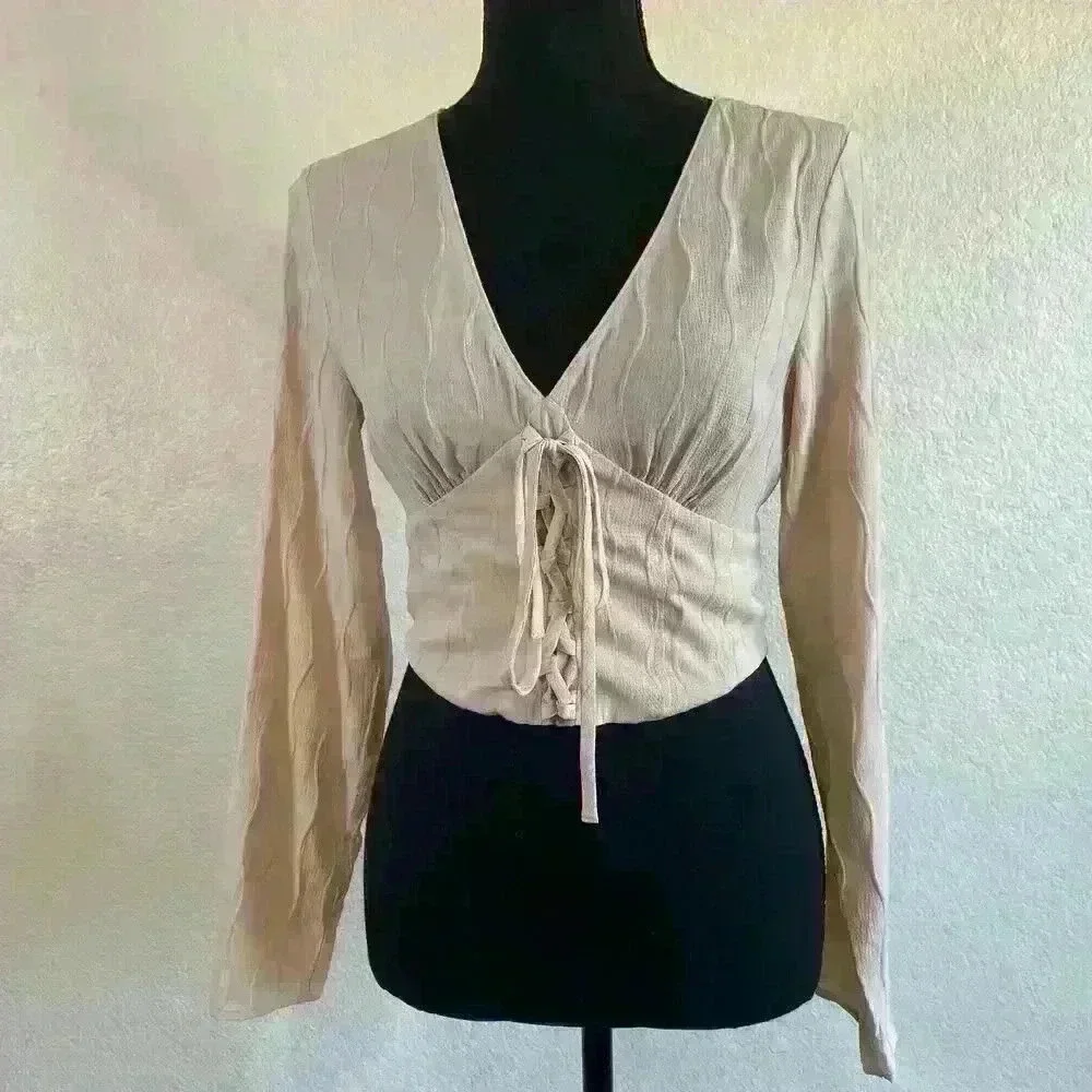 Nordstrom Elodie Corset Long Sleeve Lace-up Sheer Crop Top Women Size XS
